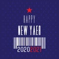 Happy new year banner card. Barcode with numbers 2021 on a blue background. Holiday concept, Christmas tree with red star.